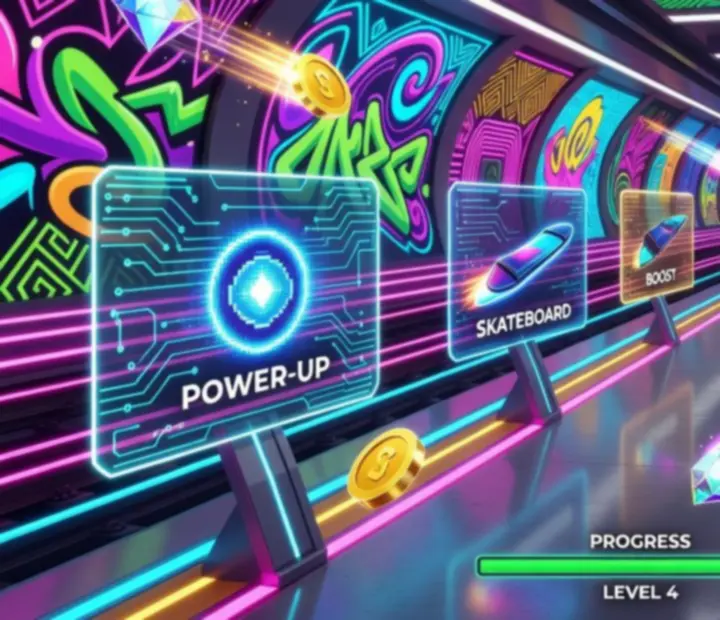Ilustracja ekranu ulepszeń inspirowanego Subway Princess Runner z neonowymi ikonami power-upów i deskorolek