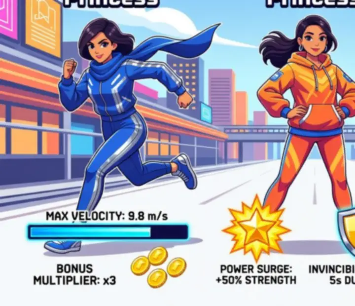 Infografika prezentująca statystyki i umiejętności postaci Subway Princess Runner