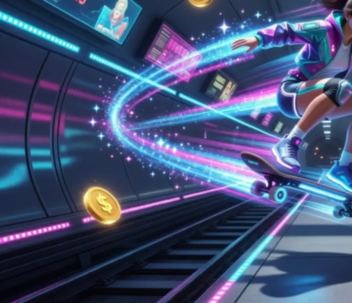 Arcade'owy kolaż animacji bohaterów Subway Princess Runner z neonowymi efektami