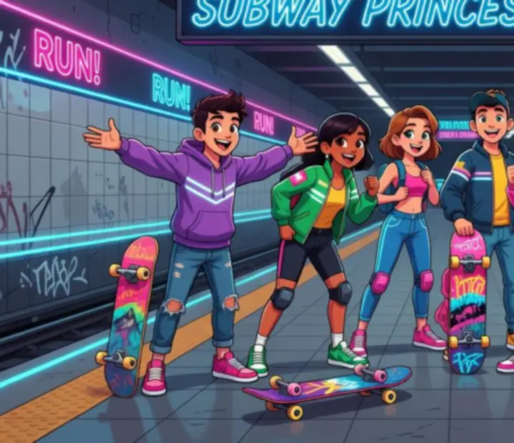 Kolorowa ilustracja przeglądu postaci w Subway Princess Runner w stylu arcade