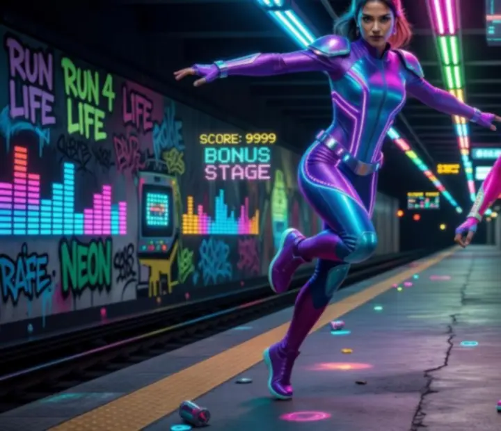 Dwójka nowych bohaterów Subway Princess Runner w dynamicznym, neonowym otoczeniu