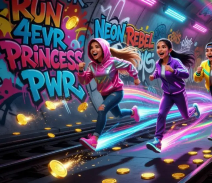 Dynamiczna scena z bohaterami Subway Princess Runner w kolorowym, neonowym metrze