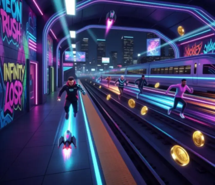 Dynamiczna stacja metra pełna neonów podczas wydarzenia w Subway Princess Runner, z biegaczami zbierającymi świecące monety