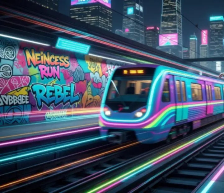 Kolorowa scena Subway Princess Runner z neonowym miastem, torami metra, monetami i diamentami
