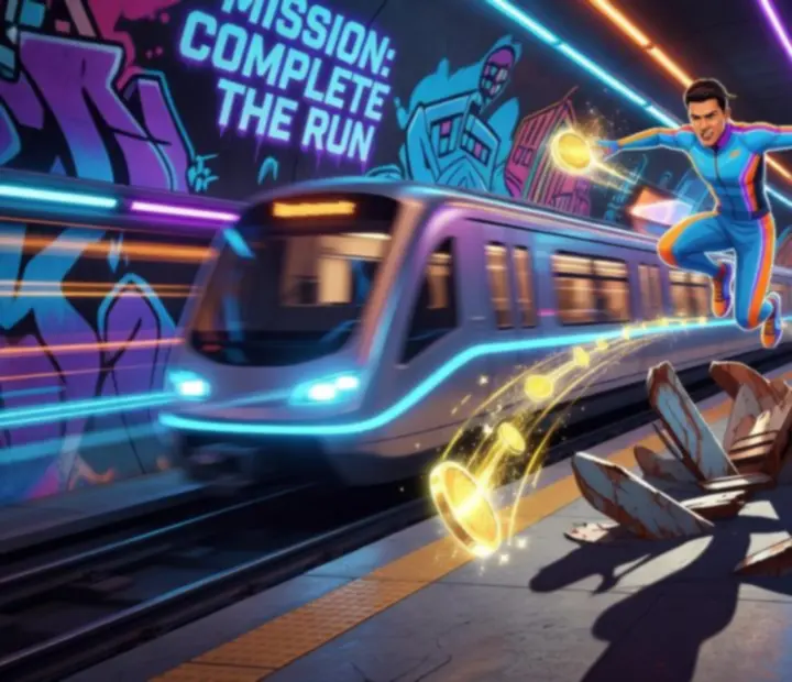 Dynamiczna scena endless runnera w klimacie metra, symbolizująca misje w Subway Princess Runner