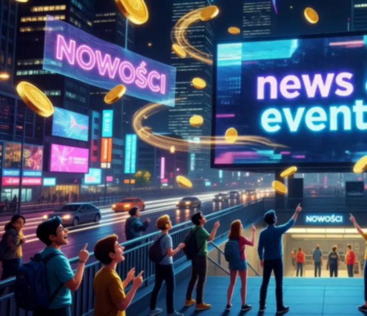 Kolorowe miasto z torami metra, neonami i plakatami wydarzeń w stylu arcade
