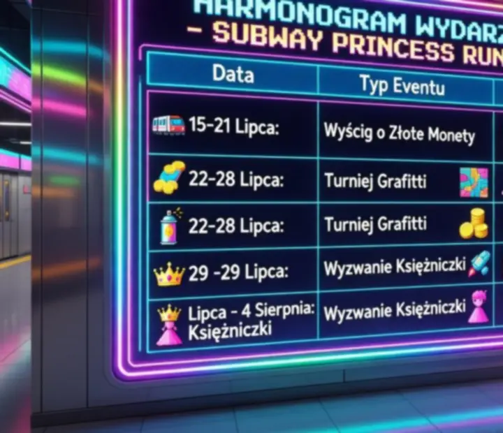 Neonowa tablica z harmonogramem wydarzeń w stylu stacji metra